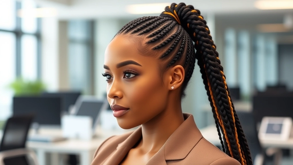 Woman with sleek high ponytail box braids featuring gold metallic thread accents, professional office setting background, wearing structured blazer, confident pose
