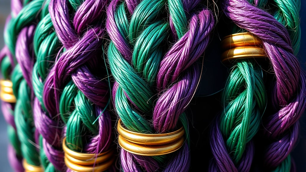 Close-up detail of intricate box braids with multicolored yarn woven through sections, featuring jewel-toned purple and emerald green, decorative gold cuffs positioned throughout, natural sunlight highlighting texture