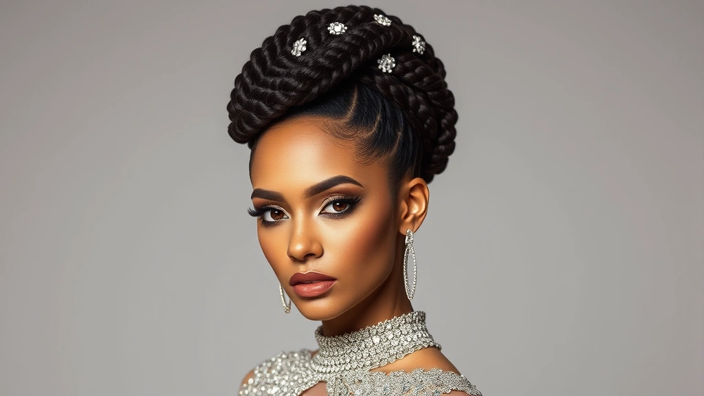 Fashion editorial style image of woman wearing elaborate updo with box braids, crown-style arrangement with decorative crystal clips, dramatic makeup, luxurious evening wear, studio lighting