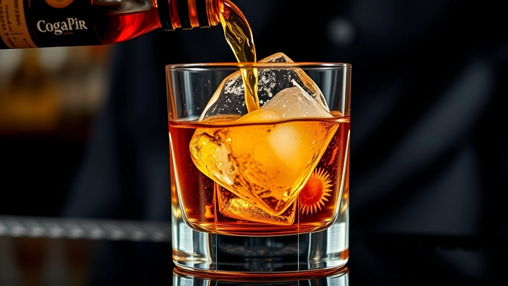 Close-up of premium cognac being poured into a chilled rocks glass with large ice cube, golden amber liquid catching light, professional bar setting, sophisticated atmosphere
