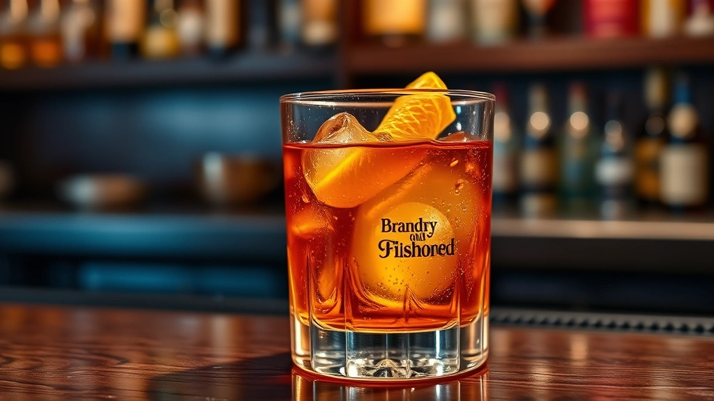 Elegant brandy old fashioned cocktail in rocks glass with orange peel twist, condensation on glass, soft warm lighting, dark wood bar background, refined presentation