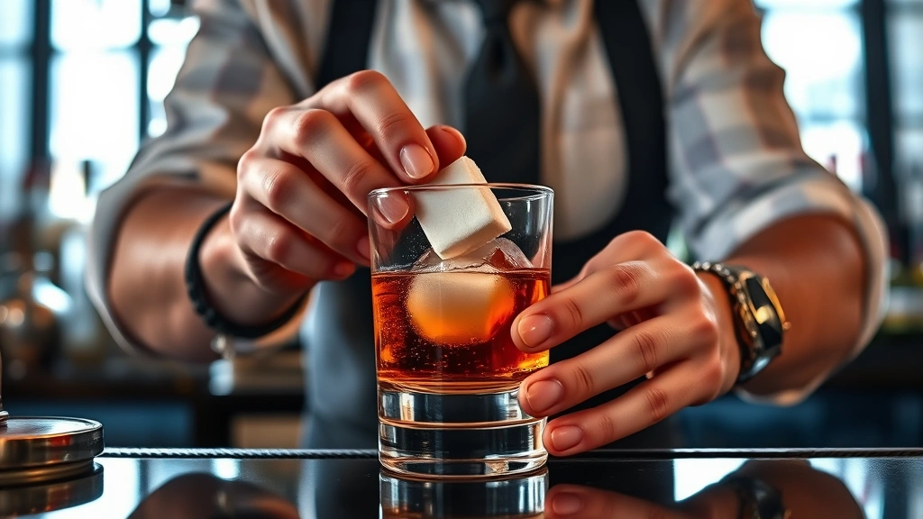 Bartender's hands muddling sugar cube with Angostura bitters in rocks glass, morning light through bar windows, focused craftsmanship, premium bar tools visible, professional technique