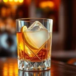 Elegant crystal rocks glass filled with amber brandy, large clear ice cube, expressed lemon twist garnish, soft warm candlelight reflecting through glass, sophisticated bar setting with leather and wood