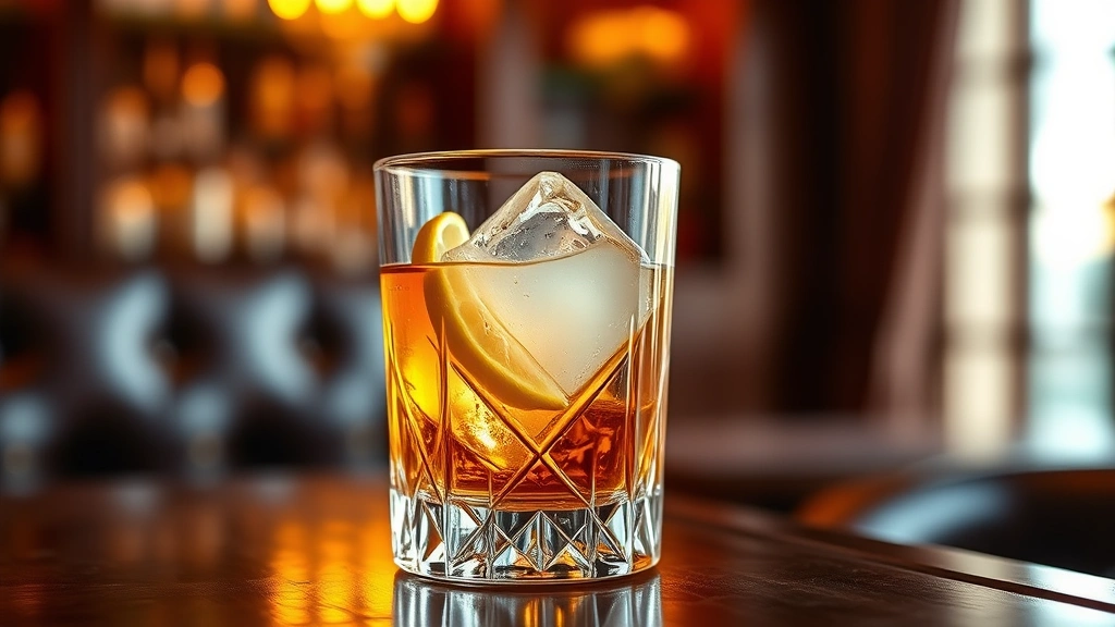 Elegant crystal rocks glass filled with amber brandy, large clear ice cube, expressed lemon twist garnish, soft warm candlelight reflecting through glass, sophisticated bar setting with leather and wood