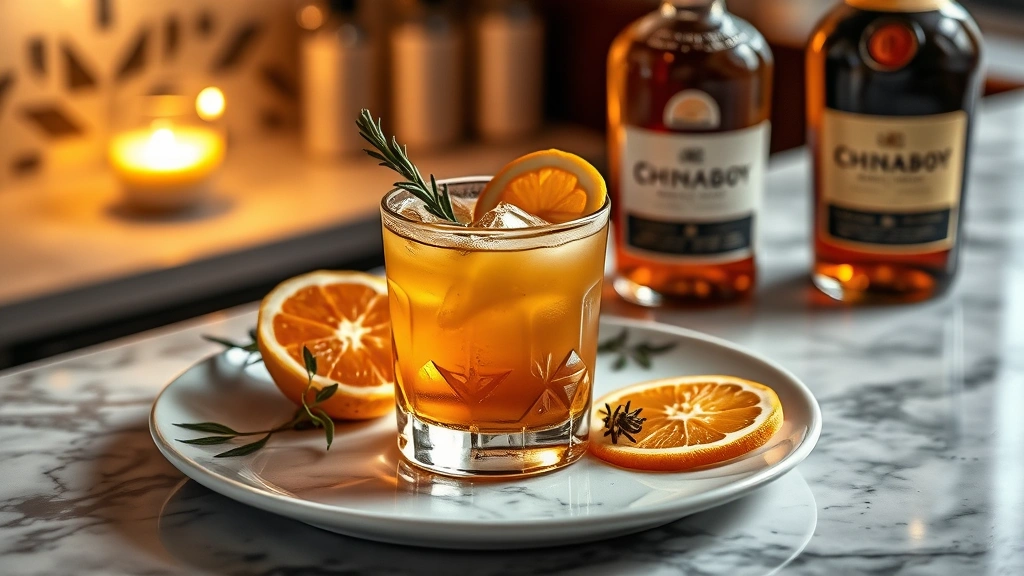 Beautifully plated brandy old fashioned on marble counter with fresh citrus fruits, aromatic herbs, premium cognac bottle beside glass, warm atmospheric lighting highlighting drink's amber tones