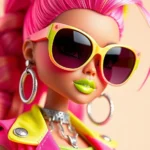 Close-up of Bratz doll wearing hot pink and lime green outfit with oversized sunglasses, metallic accessories, and confident pose against neutral background, studio lighting, vibrant colors, high fashion photography style