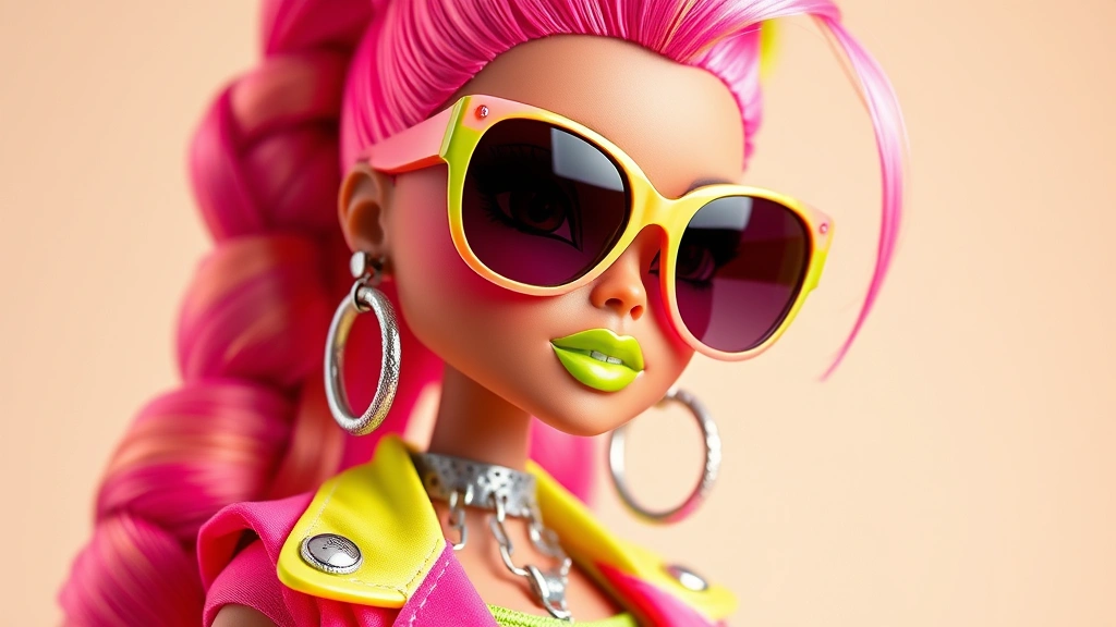 Close-up of Bratz doll wearing hot pink and lime green outfit with oversized sunglasses, metallic accessories, and confident pose against neutral background, studio lighting, vibrant colors, high fashion photography style