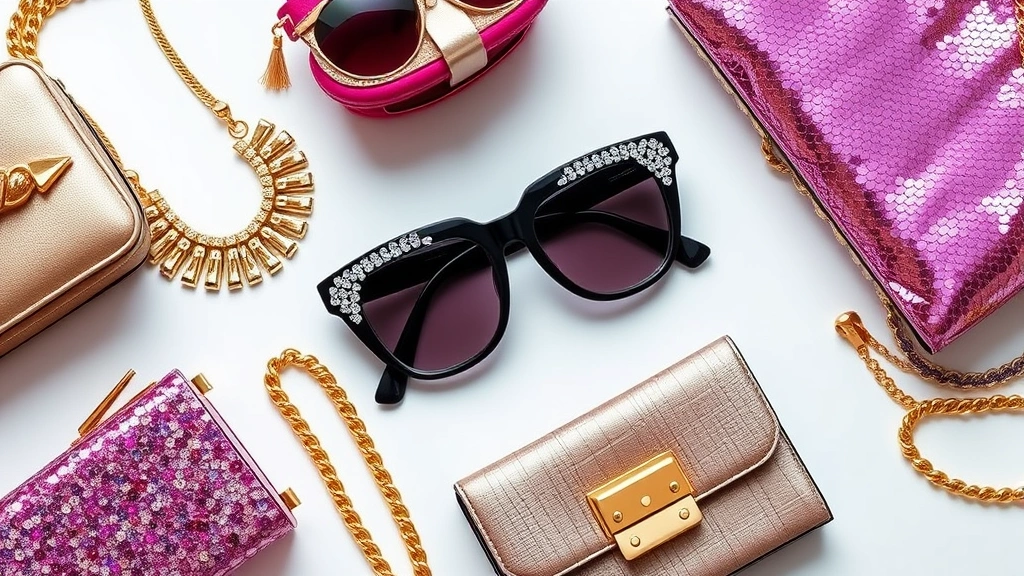 Flat lay composition of luxury accessories inspired by Bratz aesthetic: chunky gold jewelry, rhinestone-studded sunglasses, metallic handbags, sequined fabrics, jewel-toned items arranged artfully on white surface, professional product photography