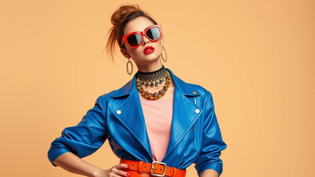 Young woman wearing Bratz-inspired outfit: bold color combination, statement sunglasses, layered accessories, confidence pose, studio setting with neutral background, modern fashion editorial style photography, vibrant palette
