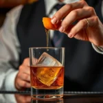 Professional bartender carefully expressing orange peel oil over rocks glass containing Buffalo Trace bourbon Old Fashioned with large ice cube, amber liquid, sophisticated dimly lit bar setting
