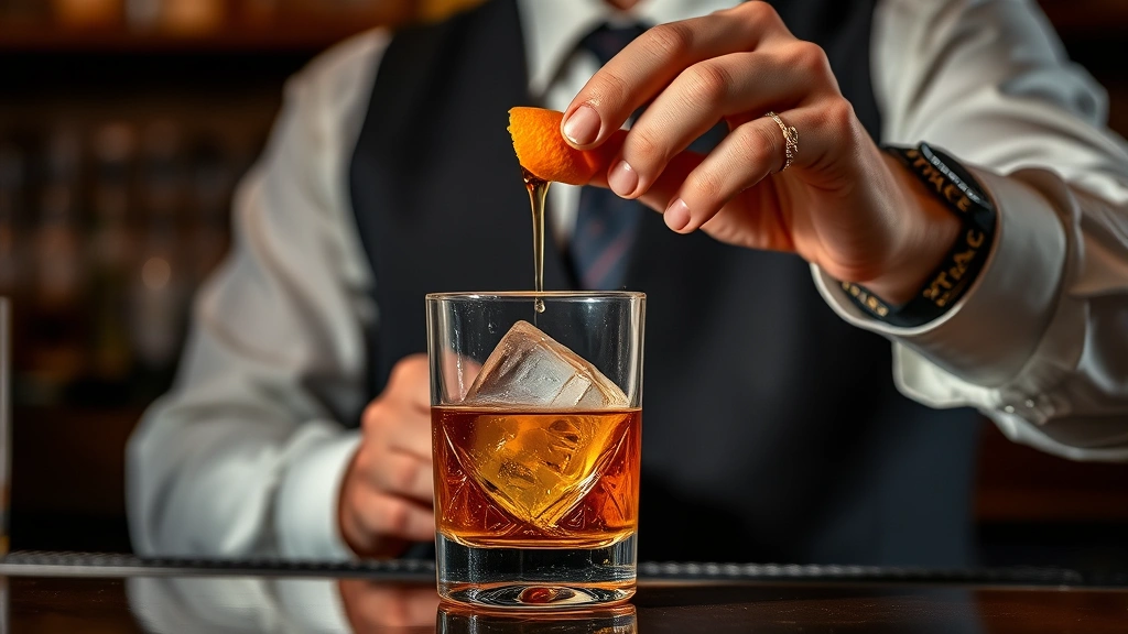 Professional bartender carefully expressing orange peel oil over rocks glass containing Buffalo Trace bourbon Old Fashioned with large ice cube, amber liquid, sophisticated dimly lit bar setting