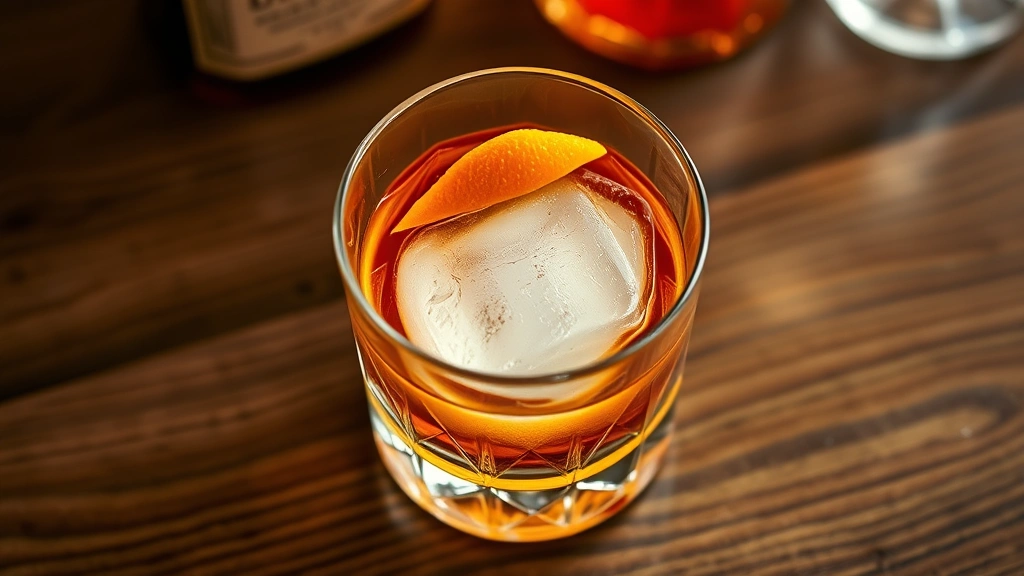 Overhead shot of perfectly prepared Buffalo Trace Old Fashioned in crystal rocks glass with single large ice cube, orange peel garnish, wooden bar counter, soft warm lighting
