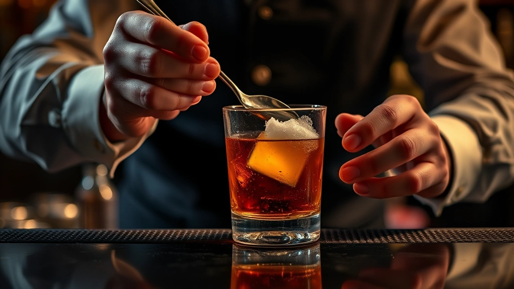 Close-up of master mixologist's hands stirring Old Fashioned cocktail with long bar spoon, sugar cube dissolving in glass with bitters, professional bar environment, moody atmospheric lighting