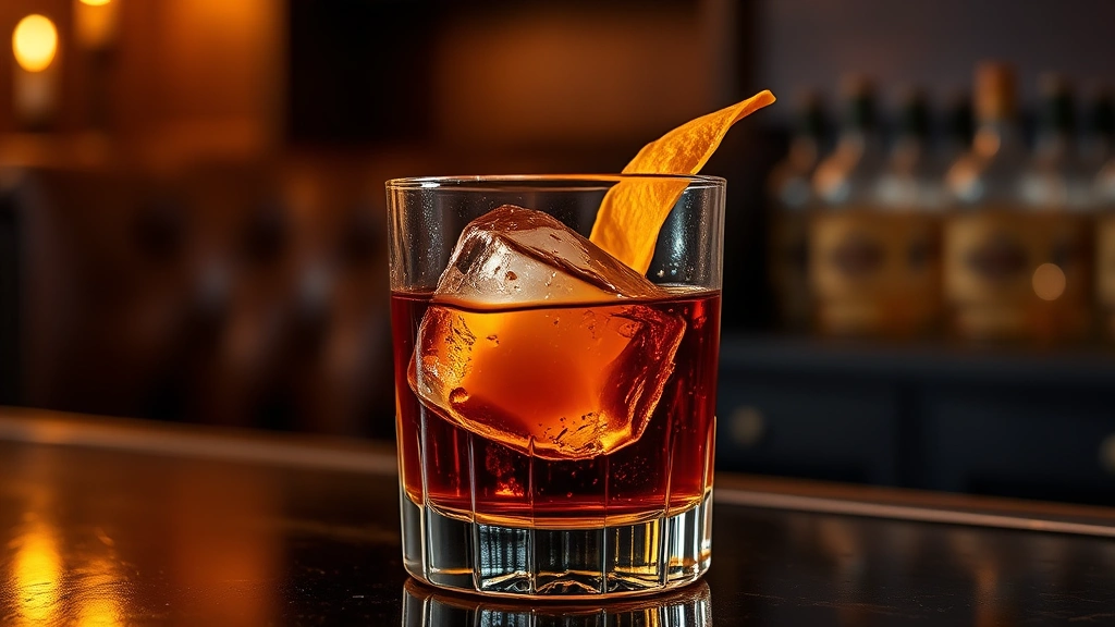 Elegant rocks glass filled with amber Old Fashioned cocktail, single large ice cube, orange peel twist, moody bar lighting, leather and wood background, sophisticated evening ambiance