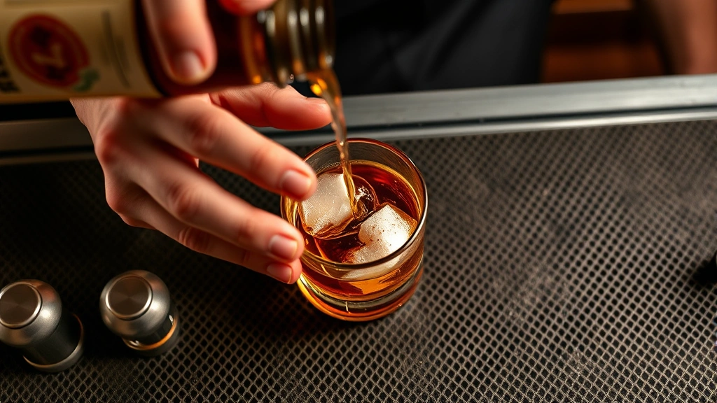 Overhead view of bartender hands pouring Bulleit Bourbon into rocks glass with sugar and bitters, professional bar setup, warm amber liquid, detailed craftsmanship moment