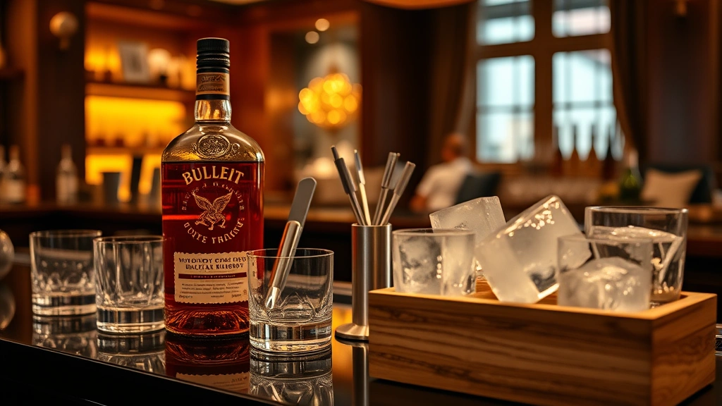 Luxury home bar setup with Bulleit Bourbon bottle, multiple rocks glasses, bar tools, large ice cubes in wooden mold, sophisticated interior design, warm accent lighting, refined lifestyle aesthetic