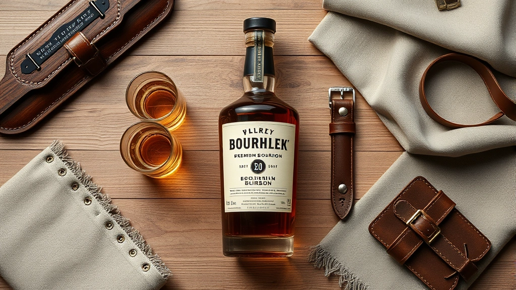 Overhead flat lay of premium bourbon bottle with vintage glassware, leather accessories, and neutral fabric swatches arranged artfully on wooden surface