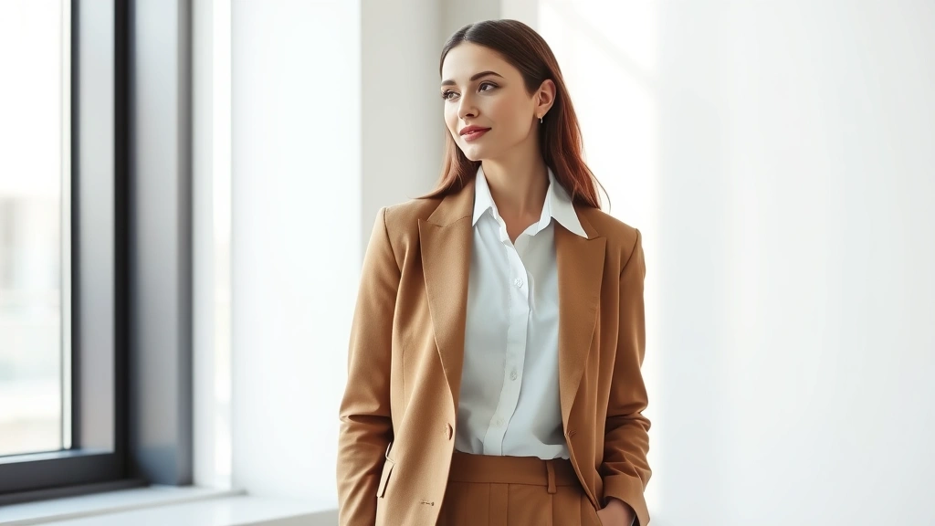 Woman in tailored camel blazer and crisp white shirt standing in natural light near large window, sophisticated minimalist aesthetic