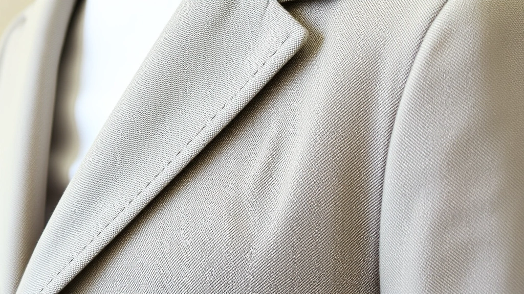 Close-up detail of perfectly tailored blazer showing precise stitching, quality buttons, and structured shoulder seams on neutral fabric