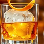 Close-up of hand-carved large ice cube in crystal rocks glass containing amber bourbon, orange peel twist suspended above, professional bar lighting, shallow depth of field, warm golden tones