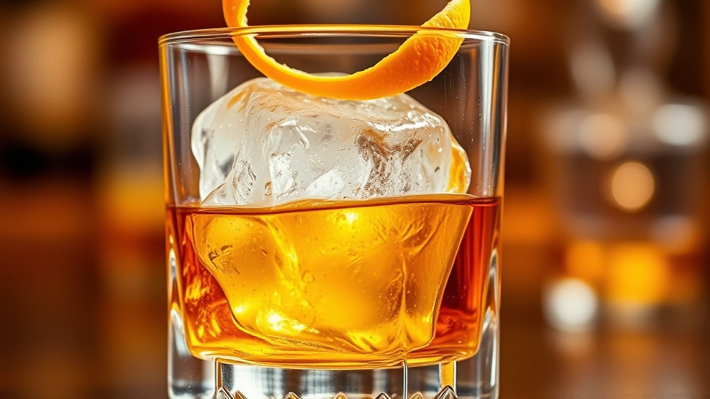 Close-up of hand-carved large ice cube in crystal rocks glass containing amber bourbon, orange peel twist suspended above, professional bar lighting, shallow depth of field, warm golden tones