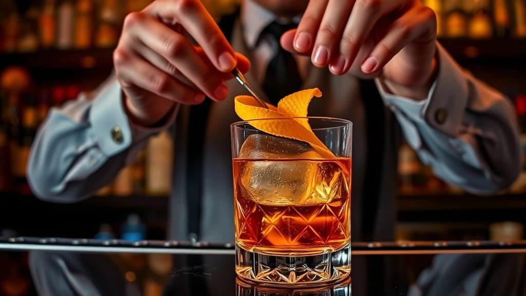 Professional bartender stirring Bulleit Old Fashioned in crystal rocks glass with large ice cube and orange peel garnish, polished bar setting, moody ambient lighting, luxury atmosphere