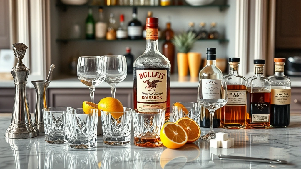 Elegant home bar setup with Bulleit bourbon bottle, multiple crystal rocks glasses, vintage bar tools, fresh citrus fruits, sugar cubes, bitters bottles on marble countertop, sophisticated styling
