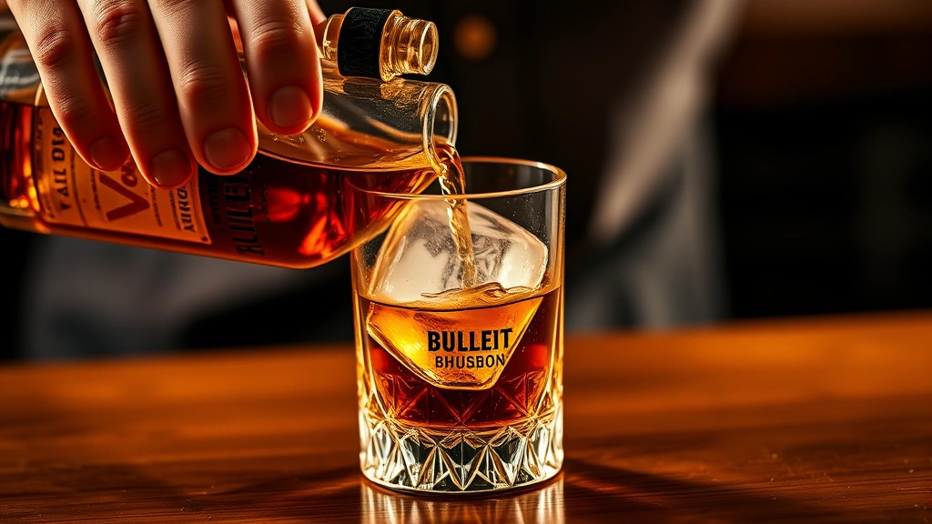 Close-up of hands expertly pouring amber Bulleit bourbon into a crystal rocks glass with large ice cube, warm golden lighting highlighting the bourbon's rich color and viscosity