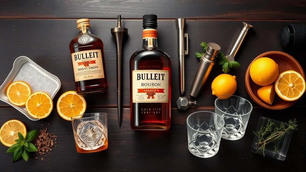 Styled flat-lay of premium home bar setup featuring Bulleit bourbon bottle, vintage rocks glasses, bar tools, fresh citrus, and aromatic herbs arranged on dark wood surface