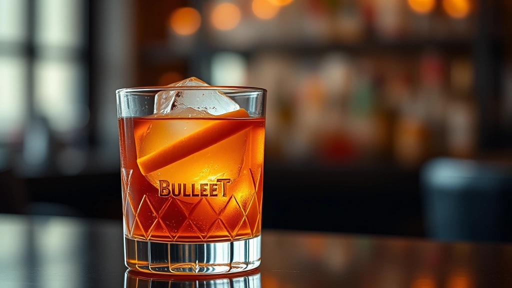 Finished Bulleit Old Fashioned cocktail with large hand-carved ice cube and expressed orange twist garnish, photographed in soft ambient lighting with blurred sophisticated lounge background