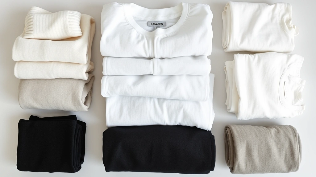 Flat lay of minimalist wardrobe basics: neutral folded clothing, quality fabrics, simple white and black pieces arranged neatly
