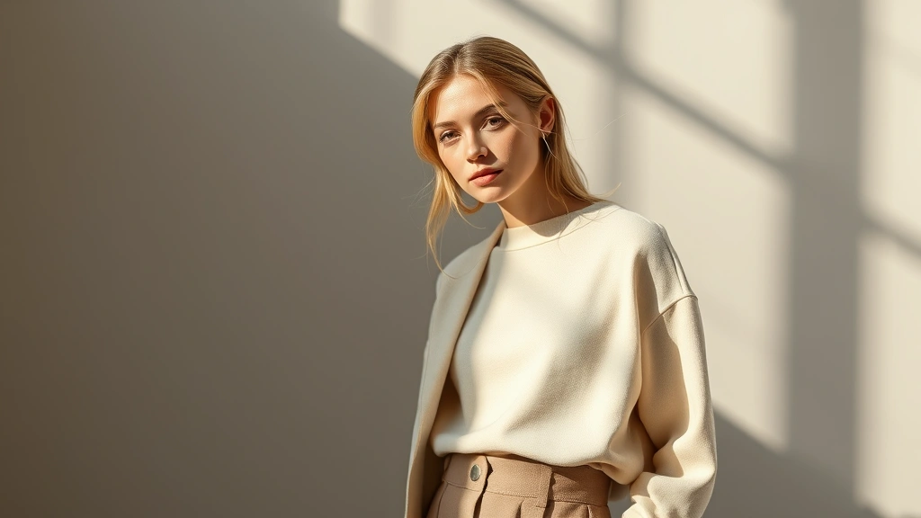 Minimalist fashion model wearing neutral tones, quality basics, simple silhouettes, natural lighting, clean aesthetic