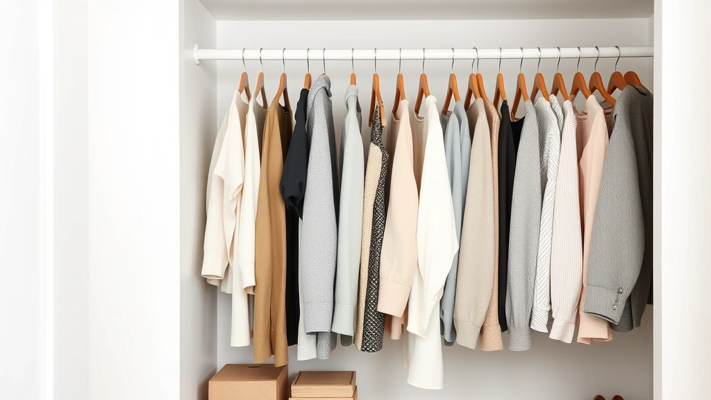 Organized minimalist closet interior with neutral clothing items arranged by color and type, wooden hangers, minimal clutter