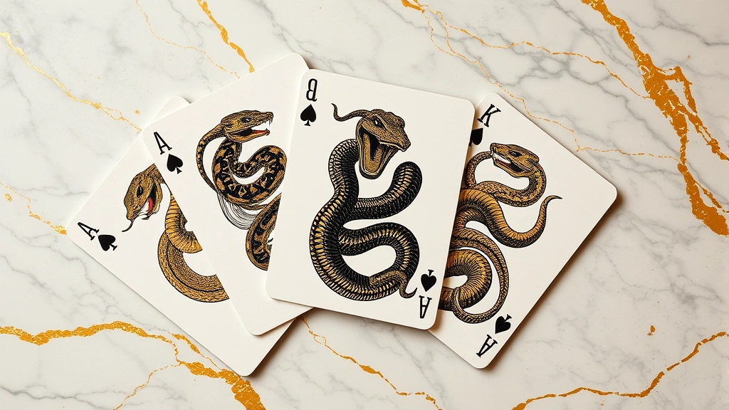 Luxury Year of the Snake playing cards spread artistically on marble surface with gold accents, showcasing intricate snake illustrations and metallic finishes in fashion editorial style photography