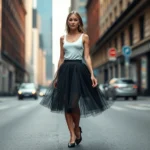 Woman wearing black tutu skirt with white tank top and ballet flats standing confidently on city street, editorial fashion photography, bright natural lighting, urban backdrop with blurred buildings