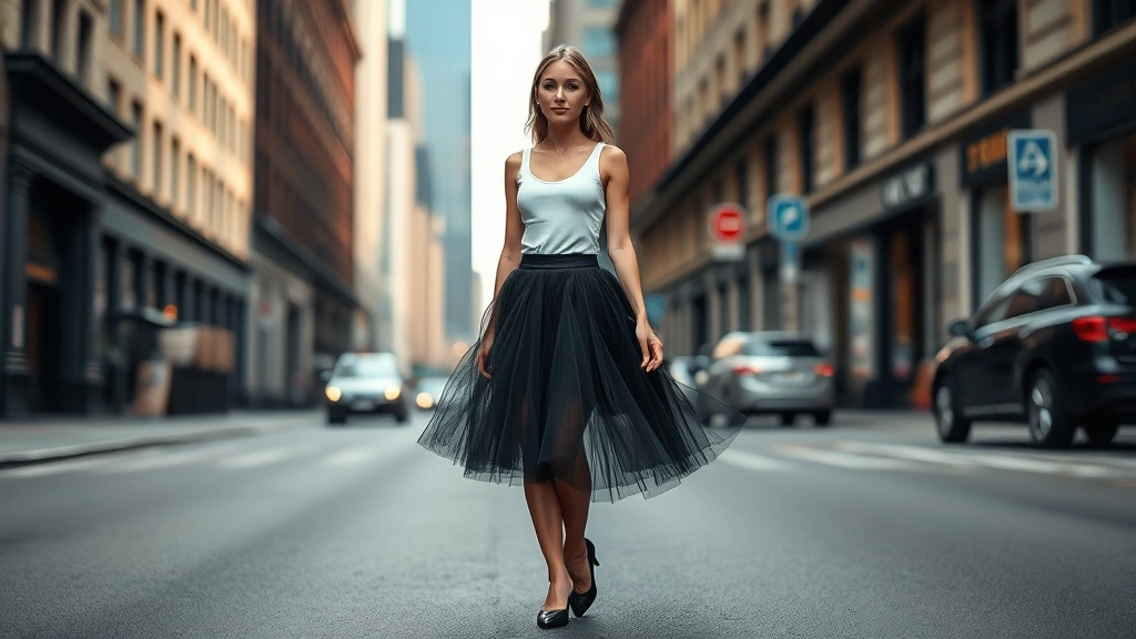 Woman wearing black tutu skirt with white tank top and ballet flats standing confidently on city street, editorial fashion photography, bright natural lighting, urban backdrop with blurred buildings