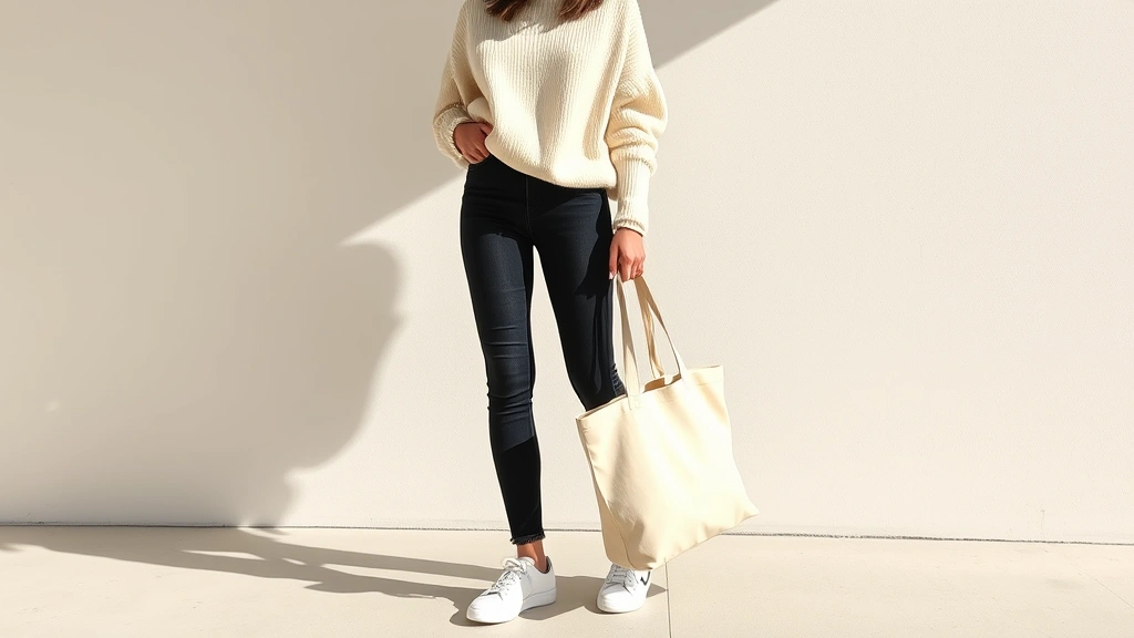 Woman wearing cream oversized sweater, fitted dark jeans, white leather sneakers, holding canvas tote bag, standing in natural sunlight, minimalist aesthetic, relaxed confident posture