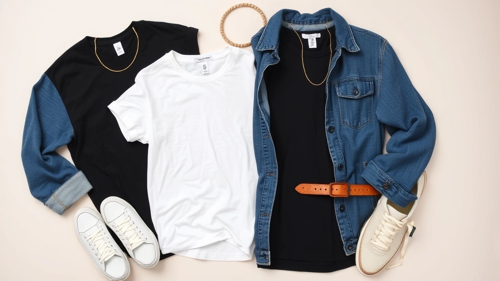 Flat lay of casual wardrobe essentials: white and black t-shirts, denim jacket, neutral cardigan, white sneakers, simple gold necklace, woven belt, arranged artfully on light background
