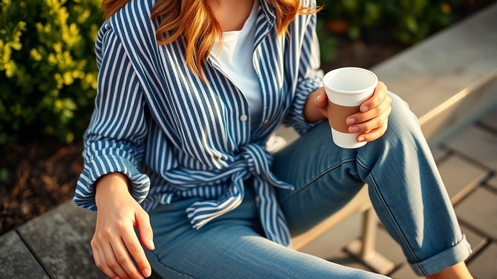 Woman in casual striped button-up shirt tied at waist over white tee, relaxed fit jeans, loafers, seated outdoors with coffee cup, effortless natural styling, warm golden hour lighting