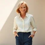 Mature woman wearing cream linen button-up shirt and navy trousers, standing outdoors with natural sunlight, confident relaxed posture, minimal jewelry, neutral background