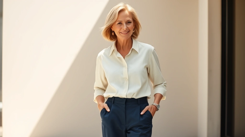 Mature woman wearing cream linen button-up shirt and navy trousers, standing outdoors with natural sunlight, confident relaxed posture, minimal jewelry, neutral background