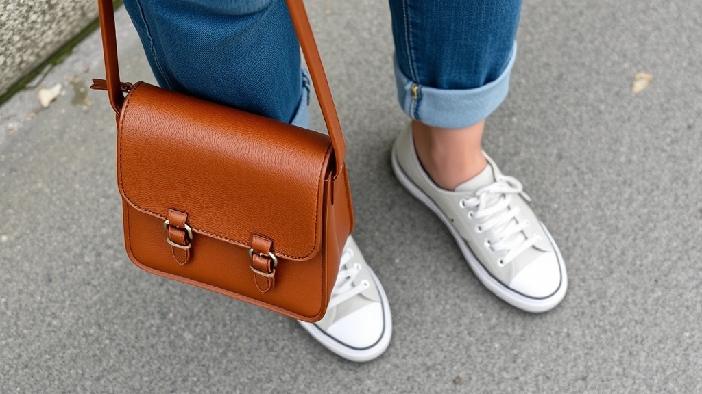 Close-up styling details: quality leather belt, neutral canvas sneakers, structured leather crossbody bag in cognac, minimalist gold jewelry on wrist