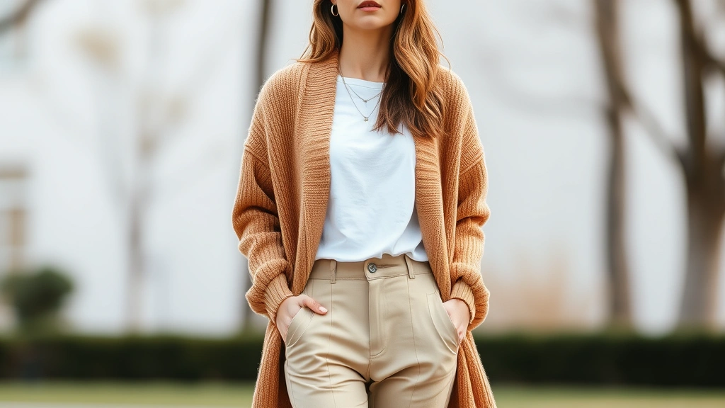 Woman in oversized camel cardigan over white t-shirt and tailored trousers, layered styling, natural fabrics, outdoor setting, effortless sophisticated appearance