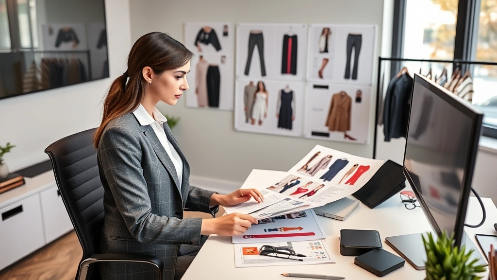 Professional woman in business casual attire analyzing fashion trend reports and merchandise samples at contemporary office desk with fashion mood boards visible