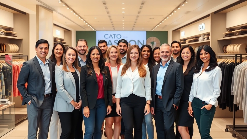 Diverse group of Cato Fashions store managers and district managers in business professional clothing standing together confidently in modern retail environment with product displays