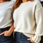 Close-up of perfectly fitted plus-size neutral basics including white tee, cream knit, and dark denim displayed on model, natural lighting, professional styling, no text or logos visible