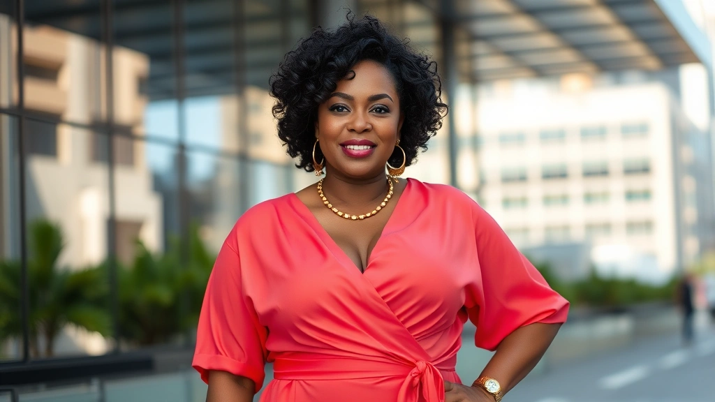 Plus-size woman wearing vibrant coral wrap dress with statement gold jewelry, confident pose, natural lighting, modern urban background, professional fashion photography