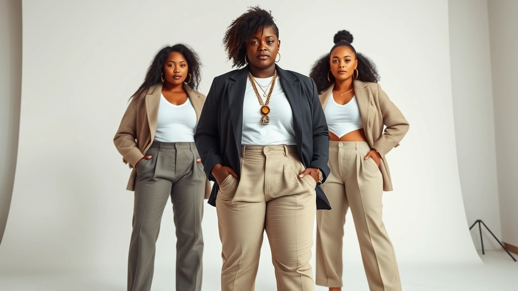 Diverse plus-size models styling oversized blazer over fitted white tee with high-waisted trousers, layered accessories, contemporary studio setting, fashion editorial aesthetic