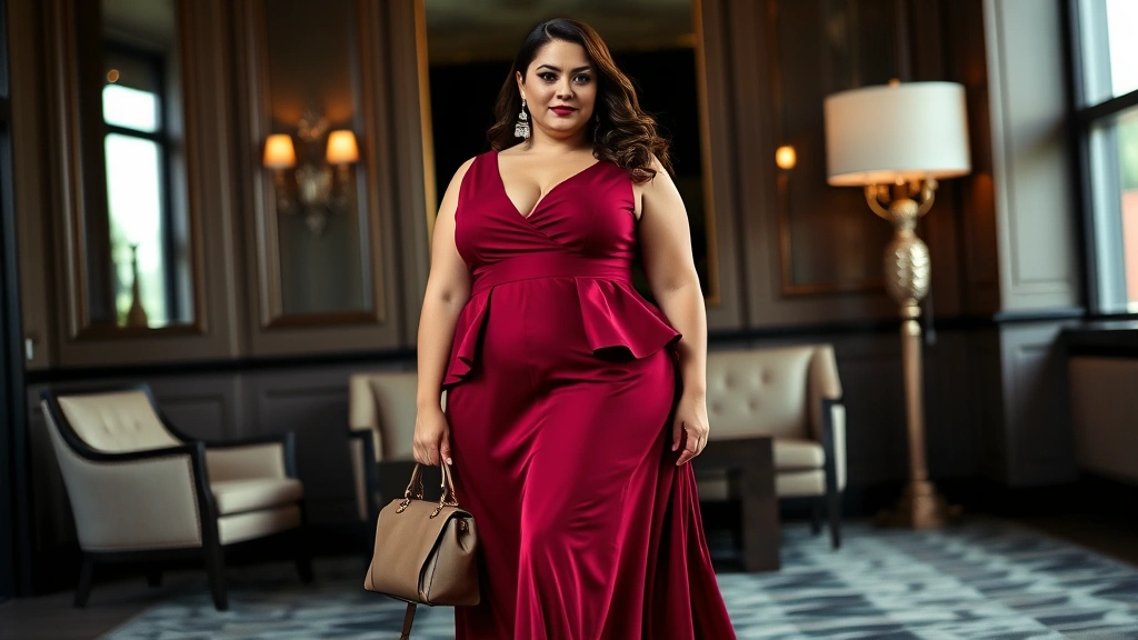 Plus-size woman in rich burgundy maxi dress with peplum detail, styled with statement earrings and structured handbag, elegant pose, sophisticated interior backdrop, professional fashion shoot