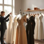 Fashion designer in modern atelier studio presenting elegant minimalist collection on dress form, professional styling, contemporary design aesthetic, natural daylight, high-end luxury setting